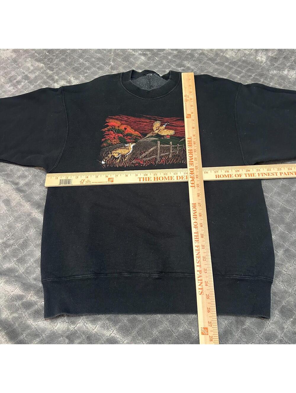 Vintage Crewneck Sweatshirt Large L Black USA Pheasant Fox Embroidered 90s VTG - Picture 3 of 5